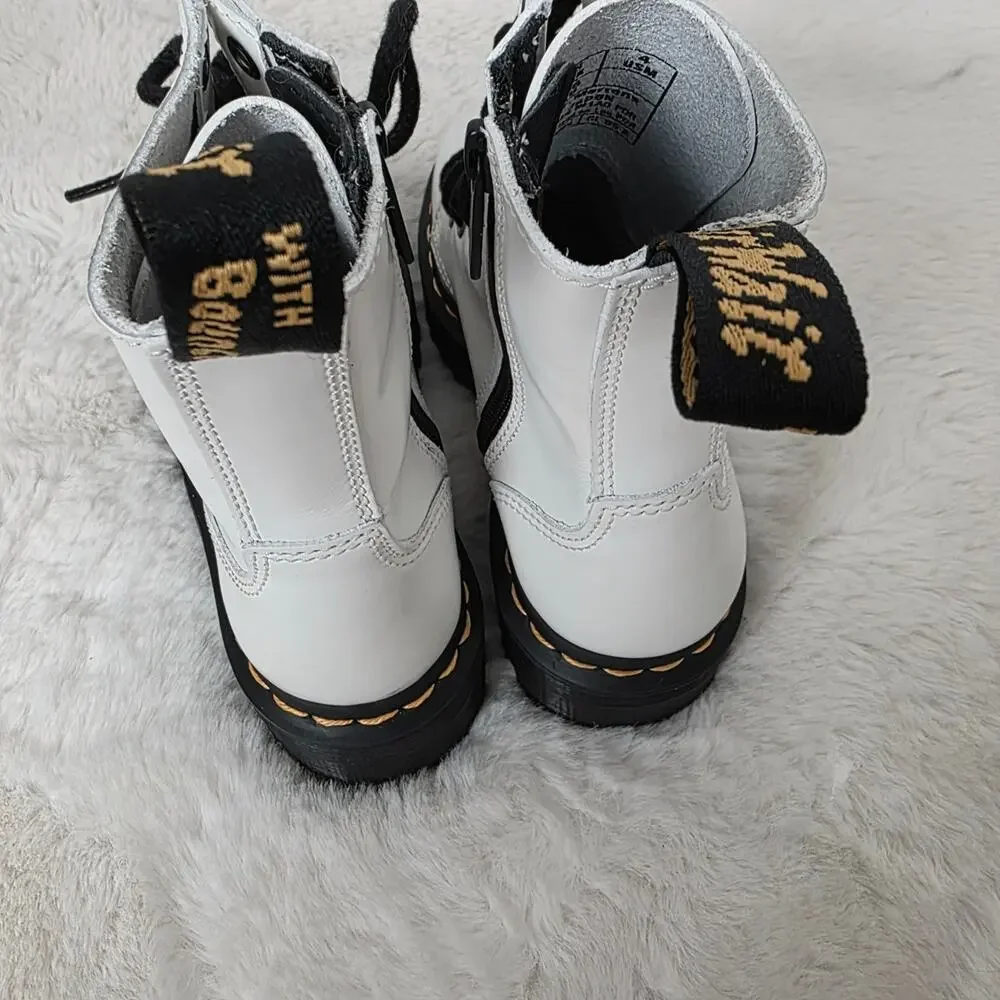 Dr Martens Jadon White Patent Leather Quad Platform Boots Doc Cmbat US 5
